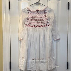 White and Red Smocked Embroidered Kids Dress